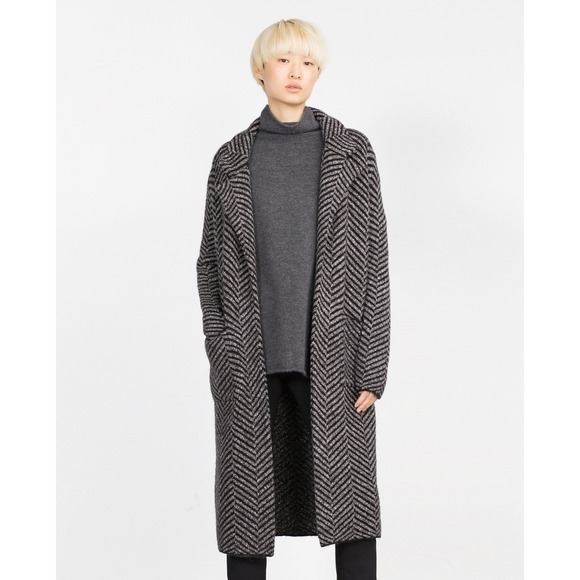 Zara Knit‎ Women Long Herringbone Coat Small Classic Minimalist Comfort - Picture 1 of 11